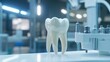 © h4kunA - A white tooth model sits on a table in a sterile, modern dental office.  The model is a representation of a healthy tooth and is surrounded by a variety of dental tools.