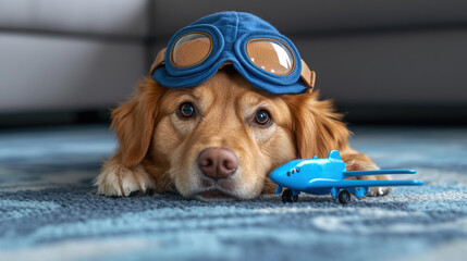 Canvas Print - A dog wearing goggles and a pilot's hat laying on the floor, AI