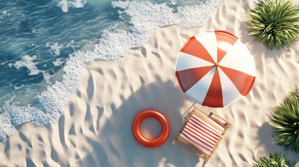 Wall Mural - Overhead view of a beach scene with a red and white striped beach umbrella, a lifebuoy, a beach chair, and green plants on the sandy beach.