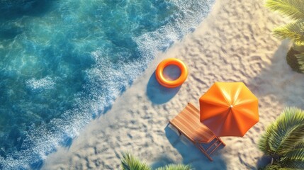 Wall Mural - Overhead view of a beach with an orange umbrella, lounge chair, and an inflatable ring.