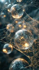 A 3D abstract representation of glowing spheres trapped in a web of metallic fibers, pulsating gently with light. The intricate pattern of the web creates dynamic shadows.