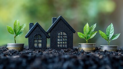 Aufkleber - Miniature houses growing from stacks of coins with green plants on top, against a blurred green background.