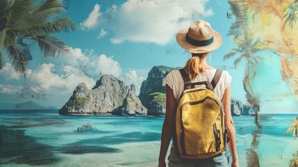 Wall Mural - Woman in hat and backpack looking at tropical sea with mountains and boat.