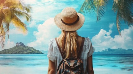 Wall Mural - Woman in straw hat and backpack looks out at the blue ocean and tropical island.