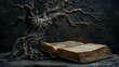 © Paul - Twisted demon tree with ancient symbols carved into its bark, the evil book beside it radiates grey energy, isolated on a dark background