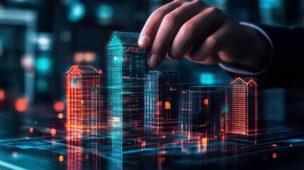 a hand reaches out to touch a digital model of a city skyline.