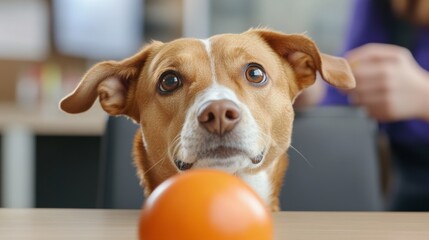 Canvas Print - A dog looking at an orange ball on a table, AI