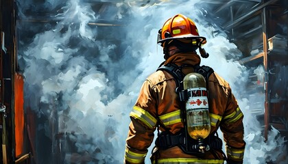 Wall Mural - dynamic firefighter artwork amidst smoky atmosphere, capturing emotion and intensity from a high angle perspective