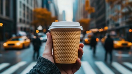 A hand holding a to-go cup of coffee, with a busy city street blurred in the background.