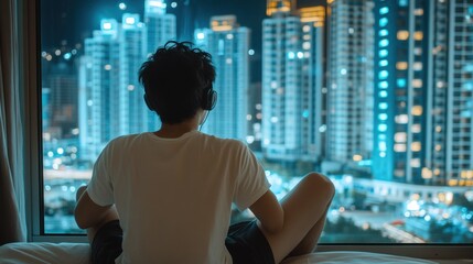 Wall Mural - A person sitting on a bed looking out the window at city lights, AI