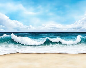 Wall Mural - A serene beach scene with gentle waves lapping at a sandy shore under a bright blue sky with fluffy clouds.