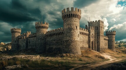 A wide-angle view of a historic European castle, with its towers and battlements set against a dramatic sky.