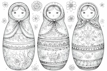 Coloring book of Matryoshka doll, Russian Nesting Dolls, no shade, no detail, outline no color