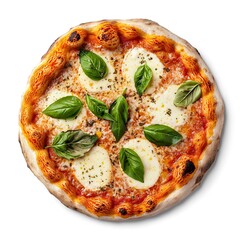 Wall Mural - Top view of margherita pizza garnished with basil leaves isolated on white background  