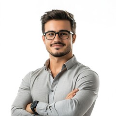 Sticker - Portrait of young handsome smiling business guy wearing gray shirt and glasses, feeling confident with crossed arms, isolated on white background 