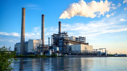 Wall Mural - A large industrial plant is emitting smoke into the air. The sky is clear and the water is calm