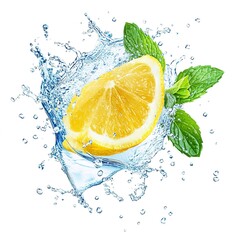 Poster - Lemon water splash isolated on a white background. Lemon fruit slice, leaves, and water splash. background water wave, citrus piece, and mint foliage flying  