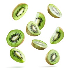 Wall Mural - kiwi slices flying isolated on white background 