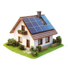 Canvas Print - isometric view small house model with solar panels isolated on white background 