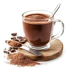 Wall Mural - Hot chocolate in a glass mug with cocoa powder and a steel teaspoon isolated on a white background  