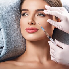 attractive woman having a facial treatment with botox or hyaluronic acid, injection with syringe, beauty treatment