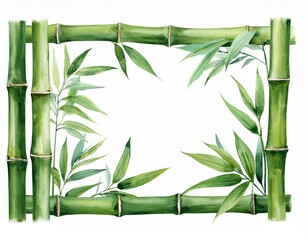 Bamboo frame isolated on white background. Bamboo with green leaves. Hand painted watercolor illustration. Realistic botanical art. Template