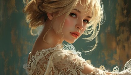 Enchanting blonde-haired dancer in lace, captured in a vibrant digital anime illustration with a captivating aesthetic