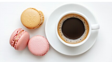 Macaroons and cup of coffee on a plate on a white background