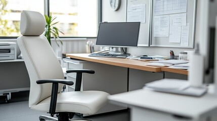 Canvas Print - A modern office workspace featuring a desk, chair, computer, and organizational materials.