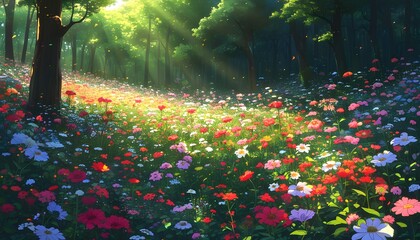 Enchanted flower fields in an unreachable forest illuminated by brilliant sunlight, captured in breathtaking detail and vibrant anime style.