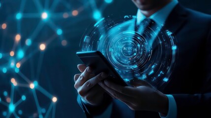 Poster - A businessman using a smartphone with a glowing blue digital network interface behind his hand.