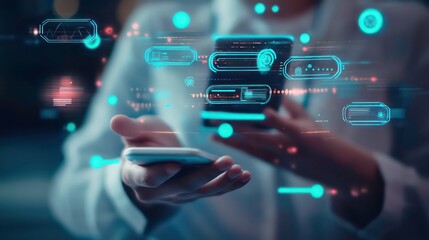 Poster - A hand holding a phone with glowing HUD elements overlayed, symbolizing the connection between the digital and physical worlds.