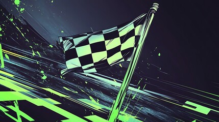 Sticker - Checkered flag waving on a pole with green and yellow abstract background.