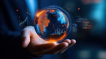 Poster - A hand holding a glowing globe surrounded by GDP charts, economic control,