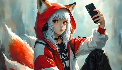 Charming red and white fox girl in hooded LOVE YOU jacket and black pants capturing selfies, embodying retro Japanese manga and anime aesthetics