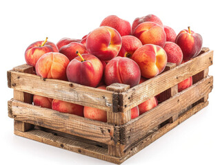 Fresh peach in wooden crate isolated on white background copy space