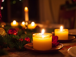 Holiday candles glowing softly on a table.


