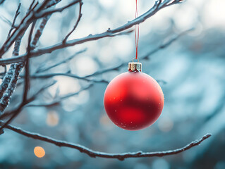 Simple holiday ornament hanging from a tree branch.


