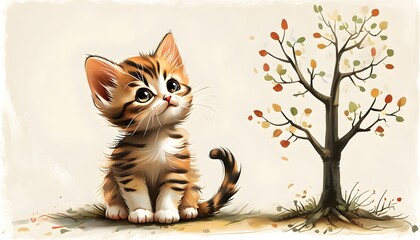 Whimsical Kitten Under a Cartoon Tree on a Minimalist Background