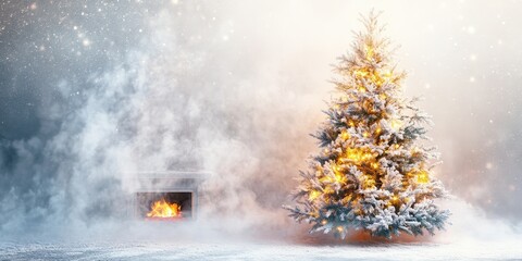 A beautifully decorated Christmas tree with lights, surrounded by a snowy landscape and a cozy fireplace, evoking holiday warmth.