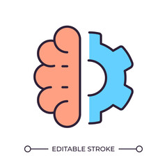 Sticker - Human brain and gear RGB color icon. Combination of logic and creativity. Problem solving. Human thinking and technology. Isolated vector illustration. Simple filled line drawing. Editable stroke