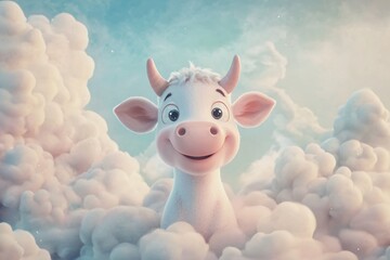 Canvas Print - Cute Cartoon Cow in Clouds   Dreamy Animal Illustration