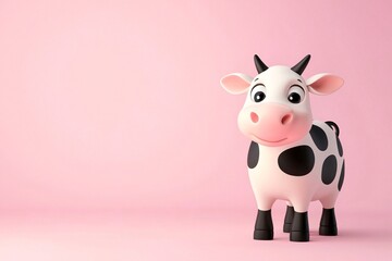 Canvas Print - Cute Cartoon Cow on Pink Background