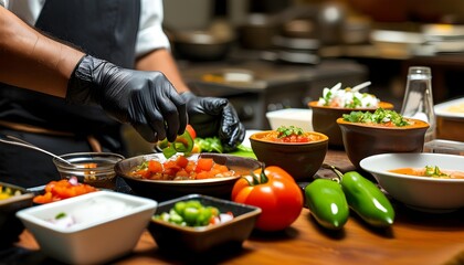 Vibrant kitchen scene showcasing a chef preparing fresh vegan Mexican salsa with tomatoes and toppings, emphasizing professionalism and organization in meal prep.