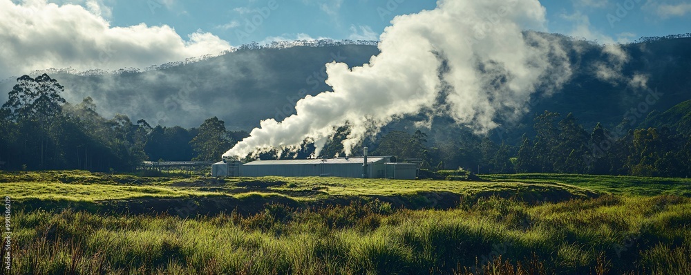 Geothermal energy plant in an open field, steam rising from the ground ...