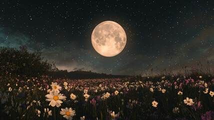 Wall Mural - A peaceful night scene with a glowing full moon centered in a starry sky, softly illuminating a field of scattered flowers below.