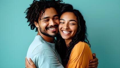 Wall Mural - Joyful embrace of an interracial couple radiating love and happiness against a turquoise backdrop