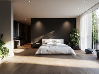 Stylish apartment interior with a minimalist white bedroom and a dark living room, sunlight streaming through the open floor plan for a warm ambiance