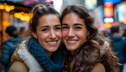 Joyful reunion of friends in New York City, embracing with smiles in the streets during their holiday adventure together