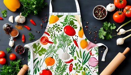 Vibrant apron adorned with patterns of spices, herbs, and vegetables, ideal for culinary adventures in cooking or baking